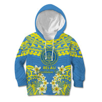 Palau Constitution Day Kid Hoodie Belau Seal With Frangipani Polynesian Pattern - Blue