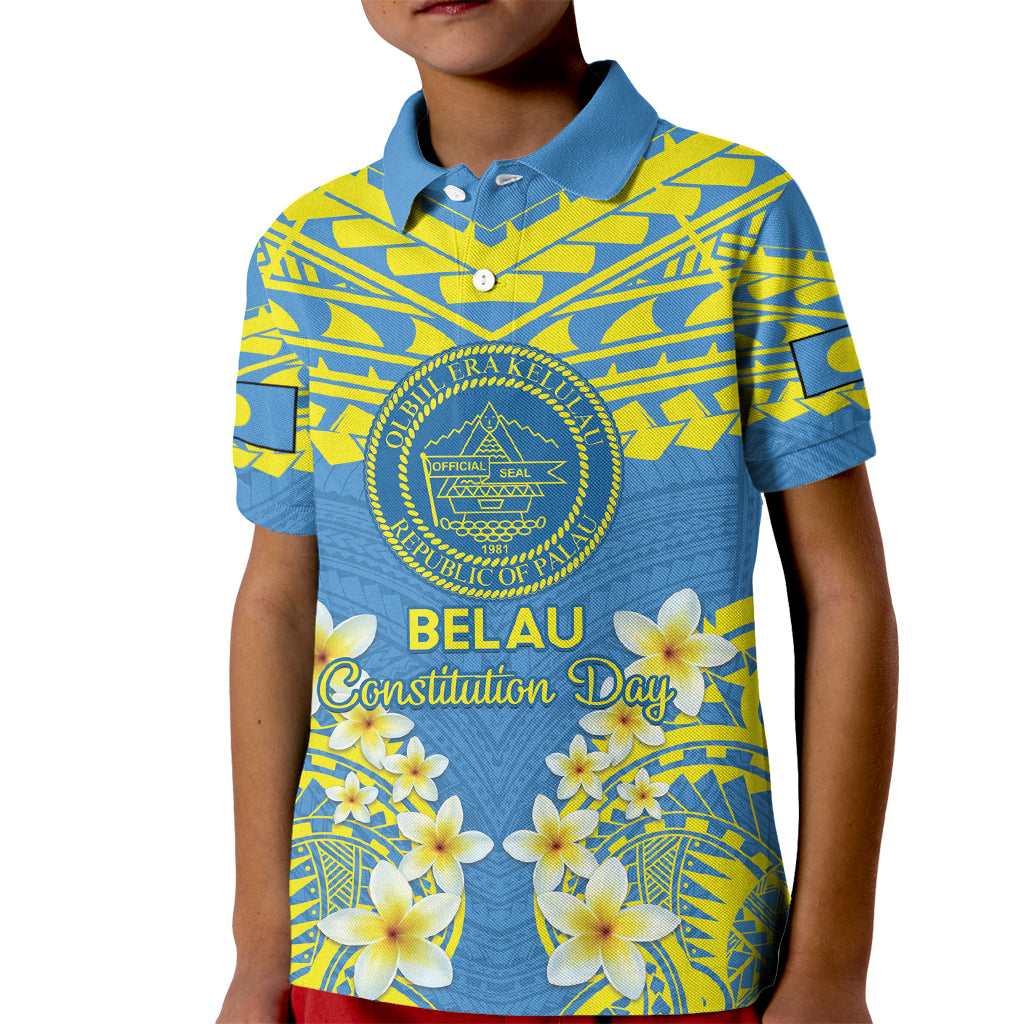 Palau Constitution Day Kid Polo Shirt Belau Seal With Frangipani Polynesian Pattern - Blue