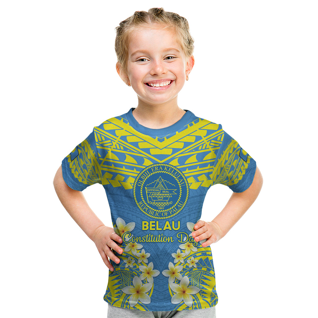 Palau Constitution Day Kid T Shirt Belau Seal With Frangipani Polynesian Pattern - Blue