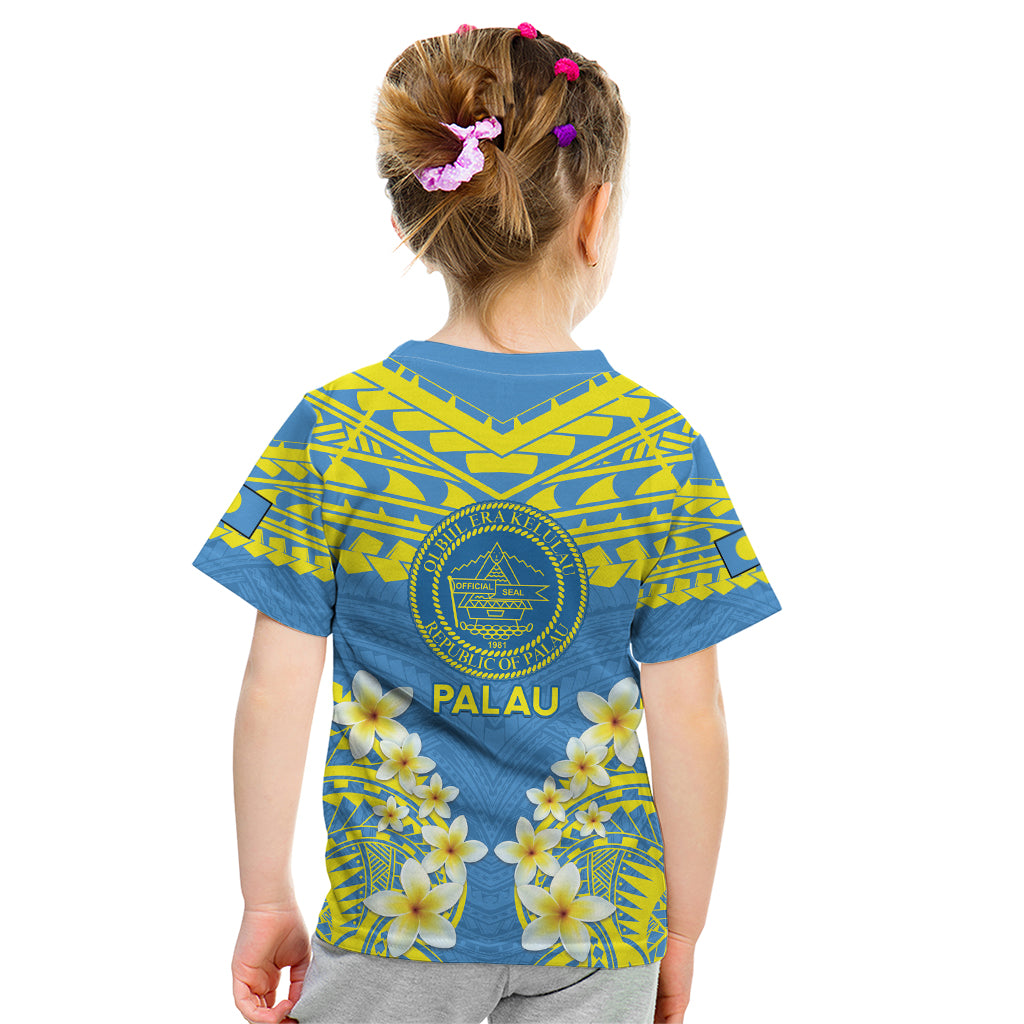 Palau Constitution Day Kid T Shirt Belau Seal With Frangipani Polynesian Pattern - Blue
