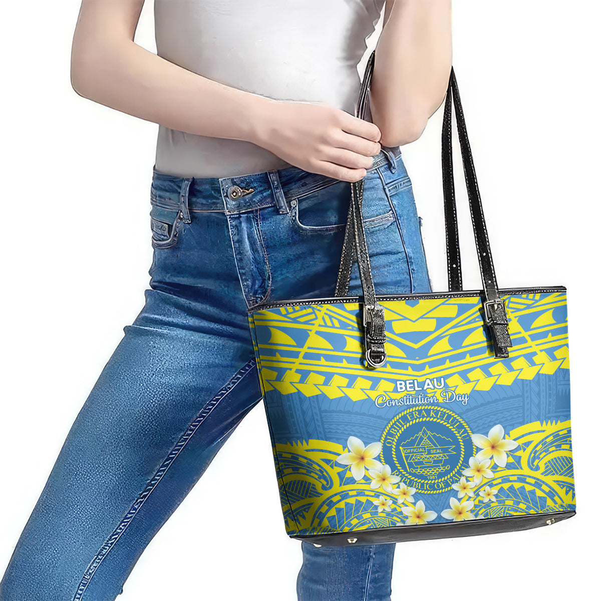 Palau Constitution Day Leather Tote Bag Belau Seal With Frangipani Polynesian Pattern - Blue