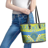 Palau Constitution Day Leather Tote Bag Belau Seal With Frangipani Polynesian Pattern - Blue