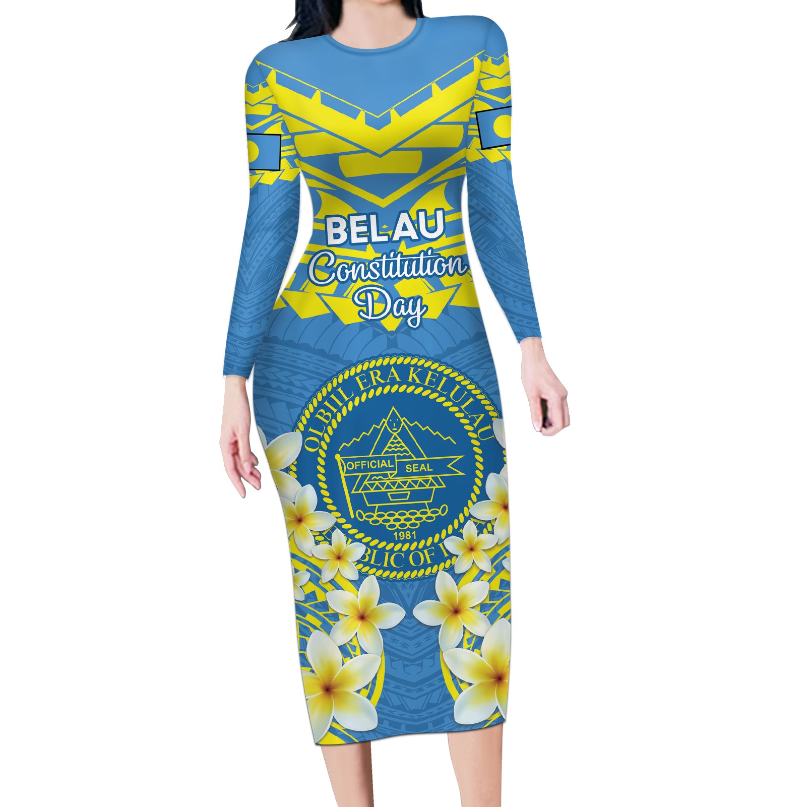 Palau Constitution Day Long Sleeve Bodycon Dress Belau Seal With Frangipani Polynesian Pattern - Blue