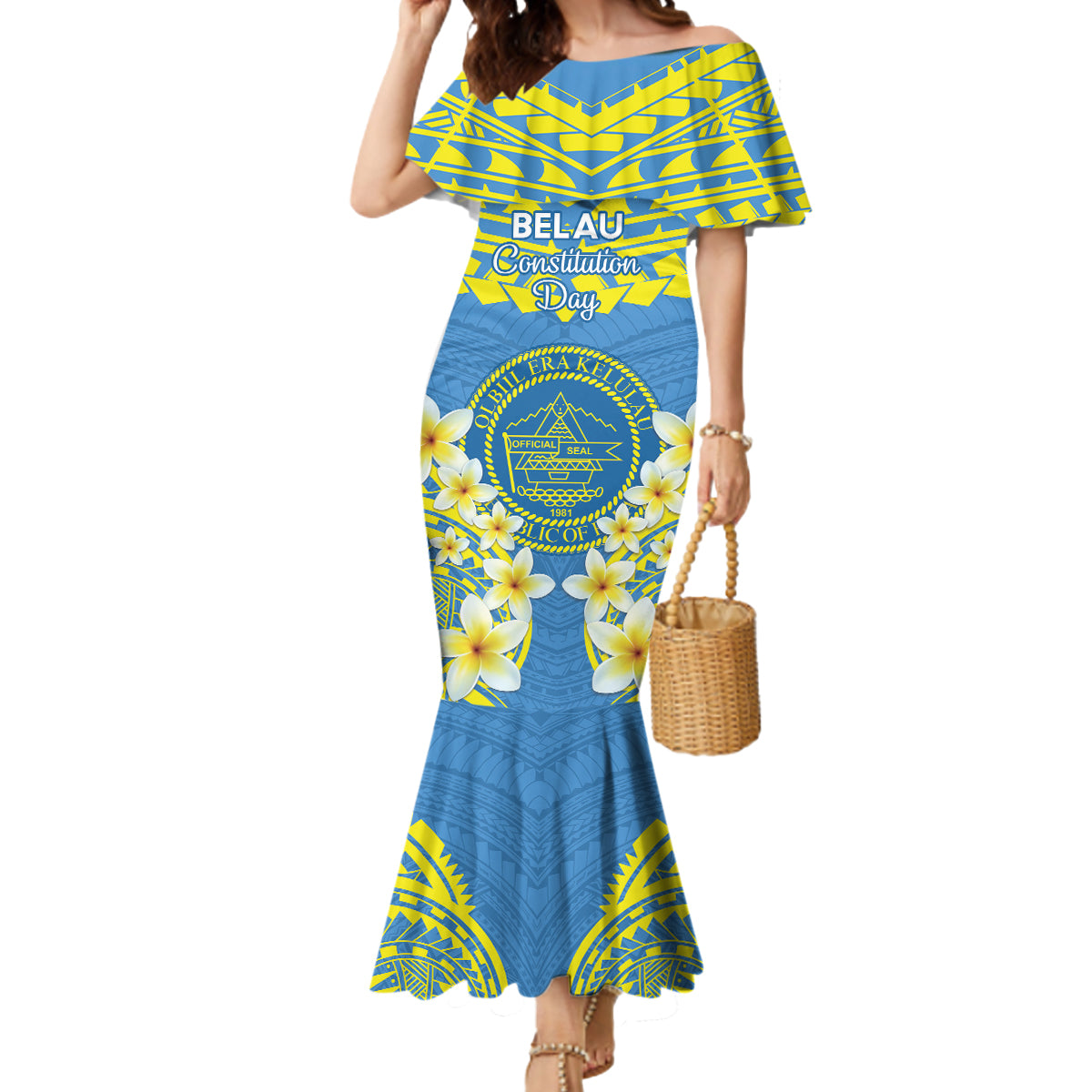 Palau Constitution Day Mermaid Dress Belau Seal With Frangipani Polynesian Pattern - Blue