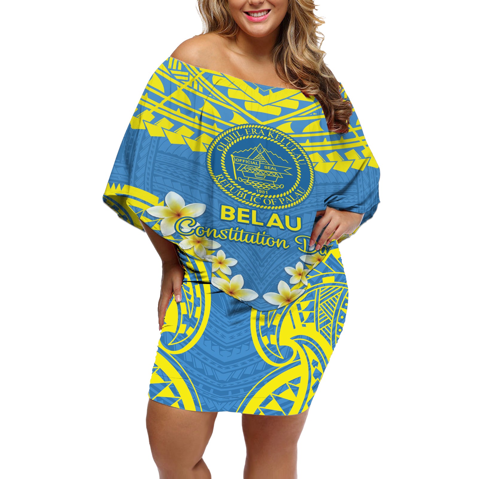 Palau Constitution Day Off Shoulder Short Dress Belau Seal With Frangipani Polynesian Pattern - Blue