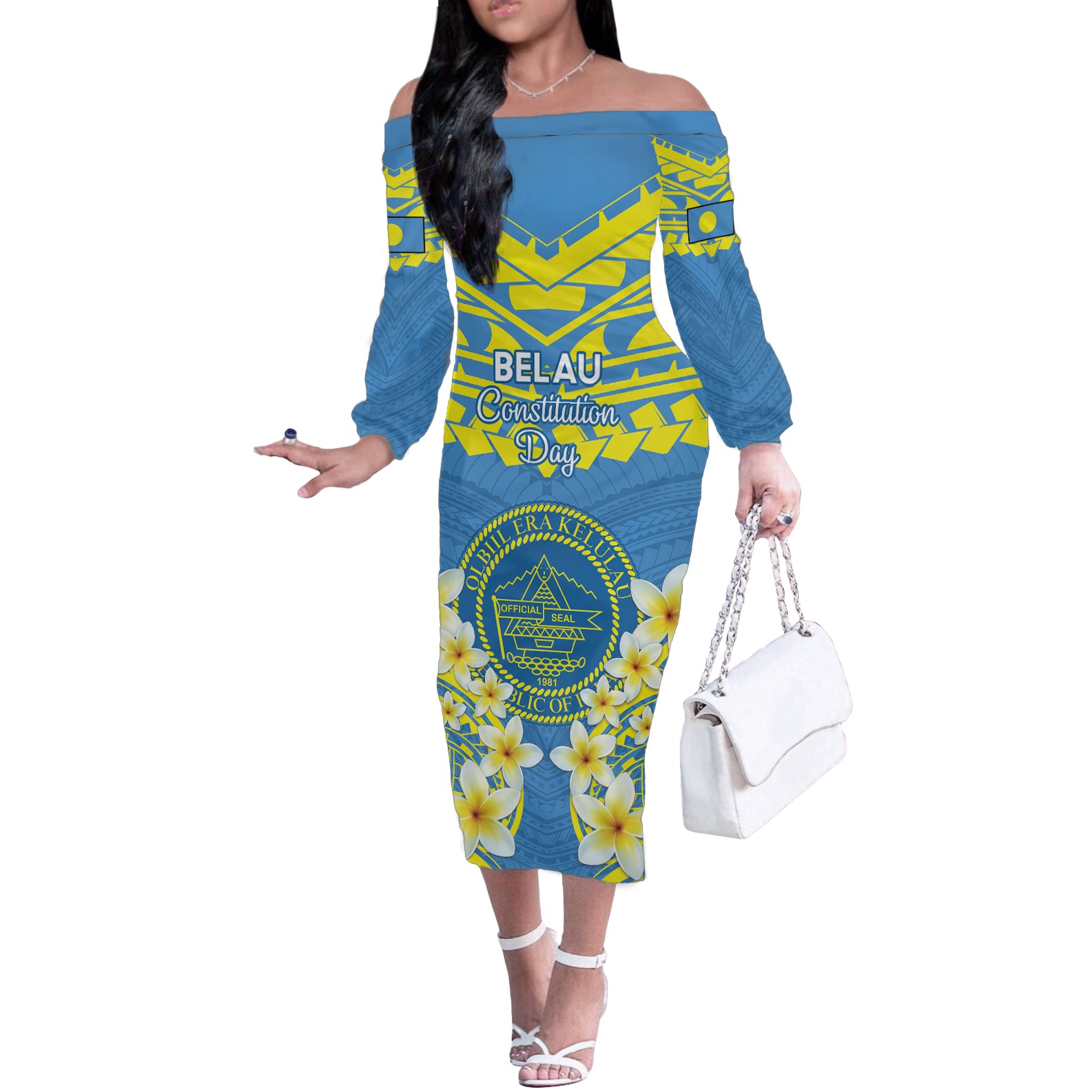 Palau Constitution Day Off The Shoulder Long Sleeve Dress Belau Seal With Frangipani Polynesian Pattern - Blue