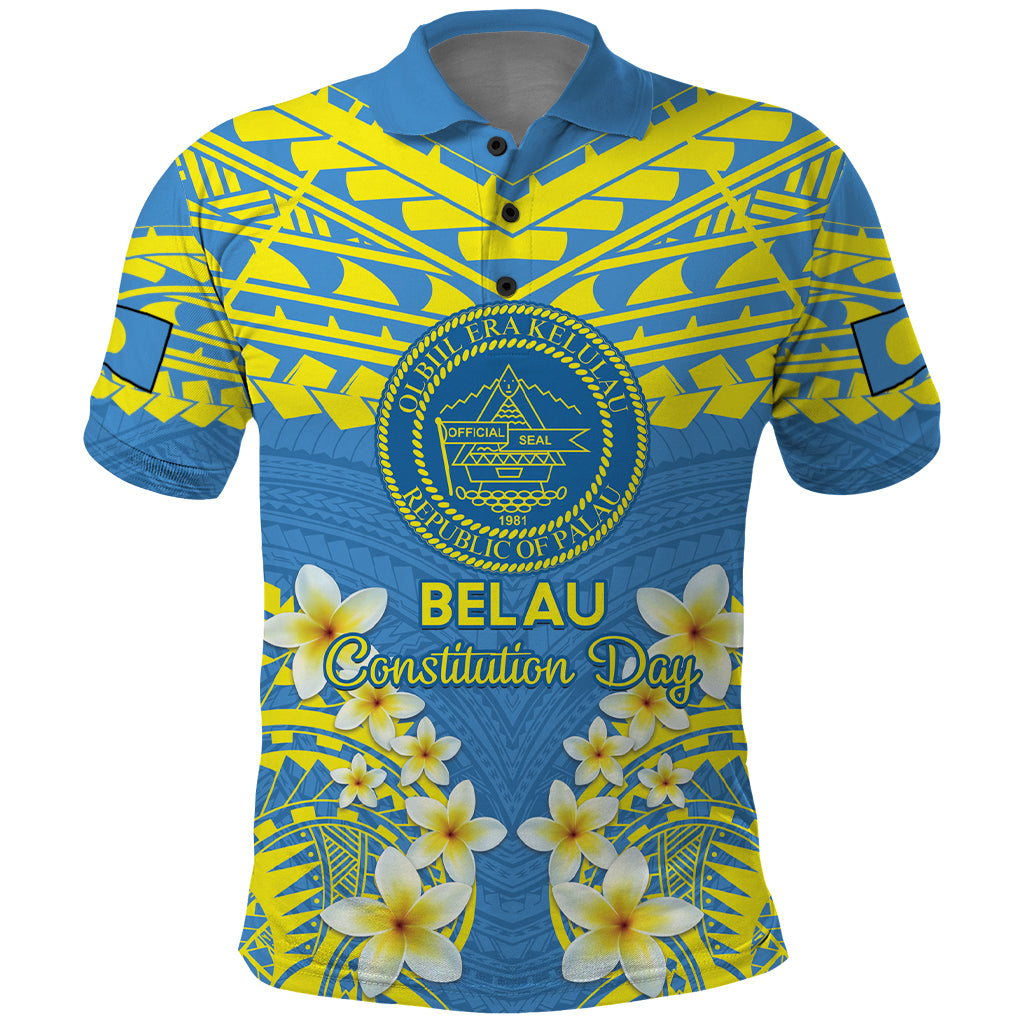 Palau Constitution Day Polo Shirt Belau Seal With Frangipani Polynesian Pattern - Blue