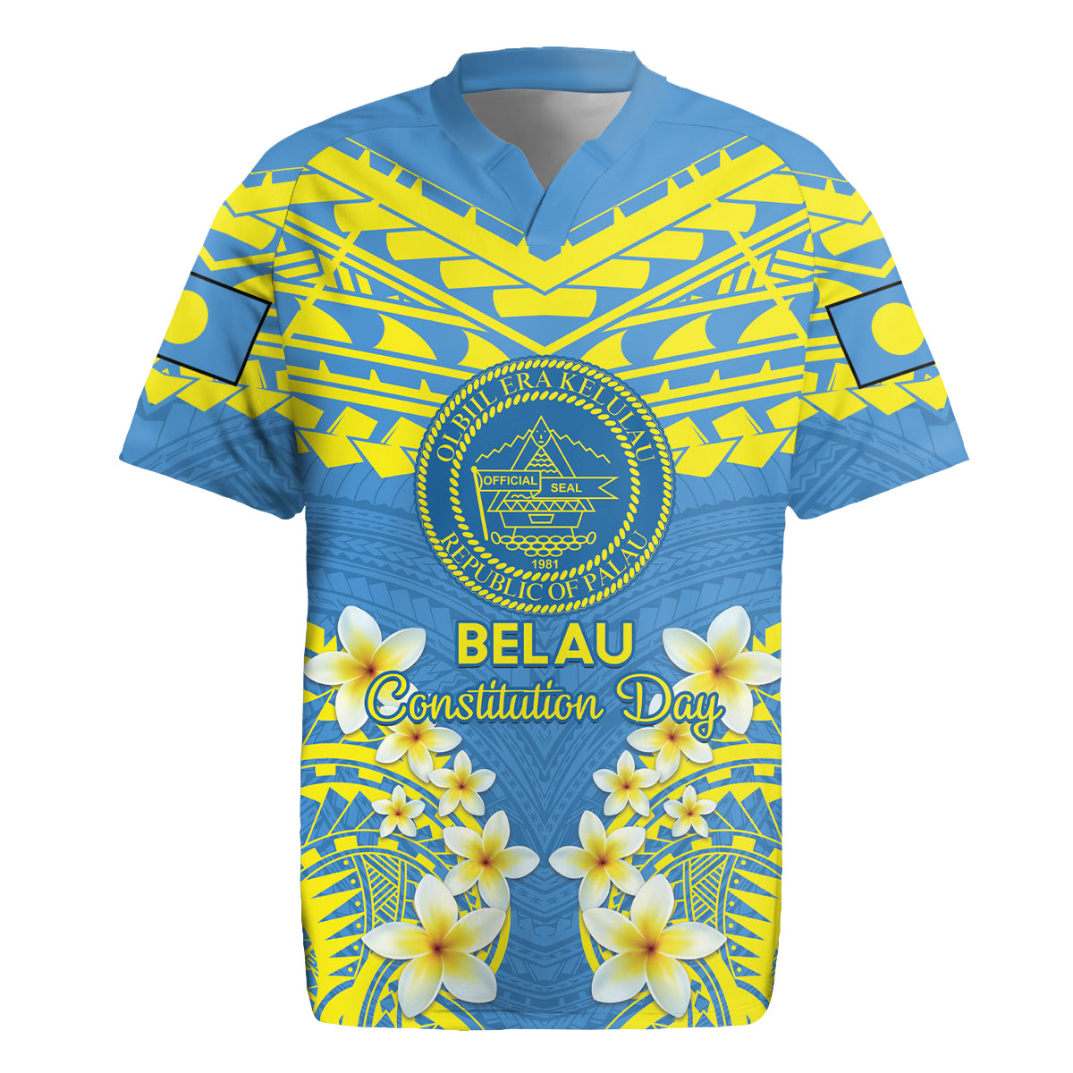 Palau Constitution Day Rugby Jersey Belau Seal With Frangipani Polynesian Pattern - Blue