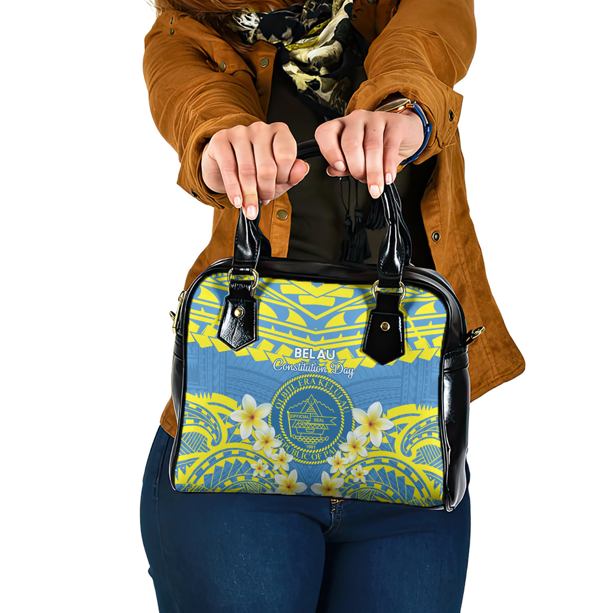 Palau Constitution Day Shoulder Handbag Belau Seal With Frangipani Polynesian Pattern - Blue