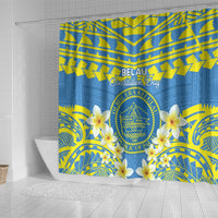 Palau Constitution Day Shower Curtain Belau Seal With Frangipani Polynesian Pattern - Blue