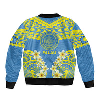 Palau Constitution Day Sleeve Zip Bomber Jacket Belau Seal With Frangipani Polynesian Pattern - Blue