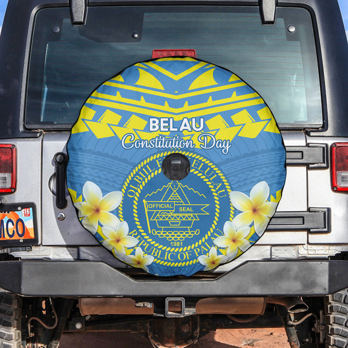 Palau Constitution Day Spare Tire Cover Belau Seal With Frangipani Polynesian Pattern - Blue