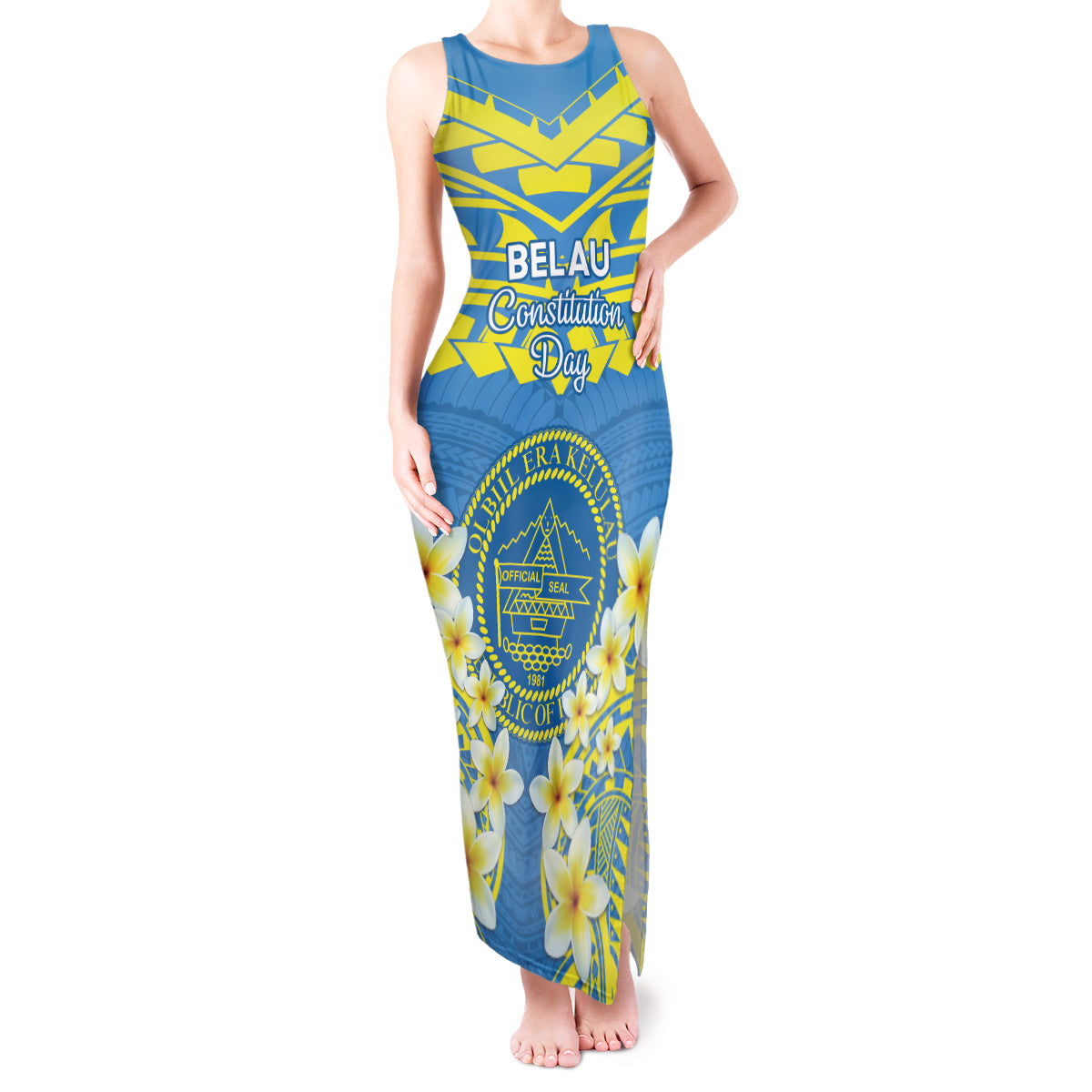 Palau Constitution Day Tank Maxi Dress Belau Seal With Frangipani Polynesian Pattern - Blue