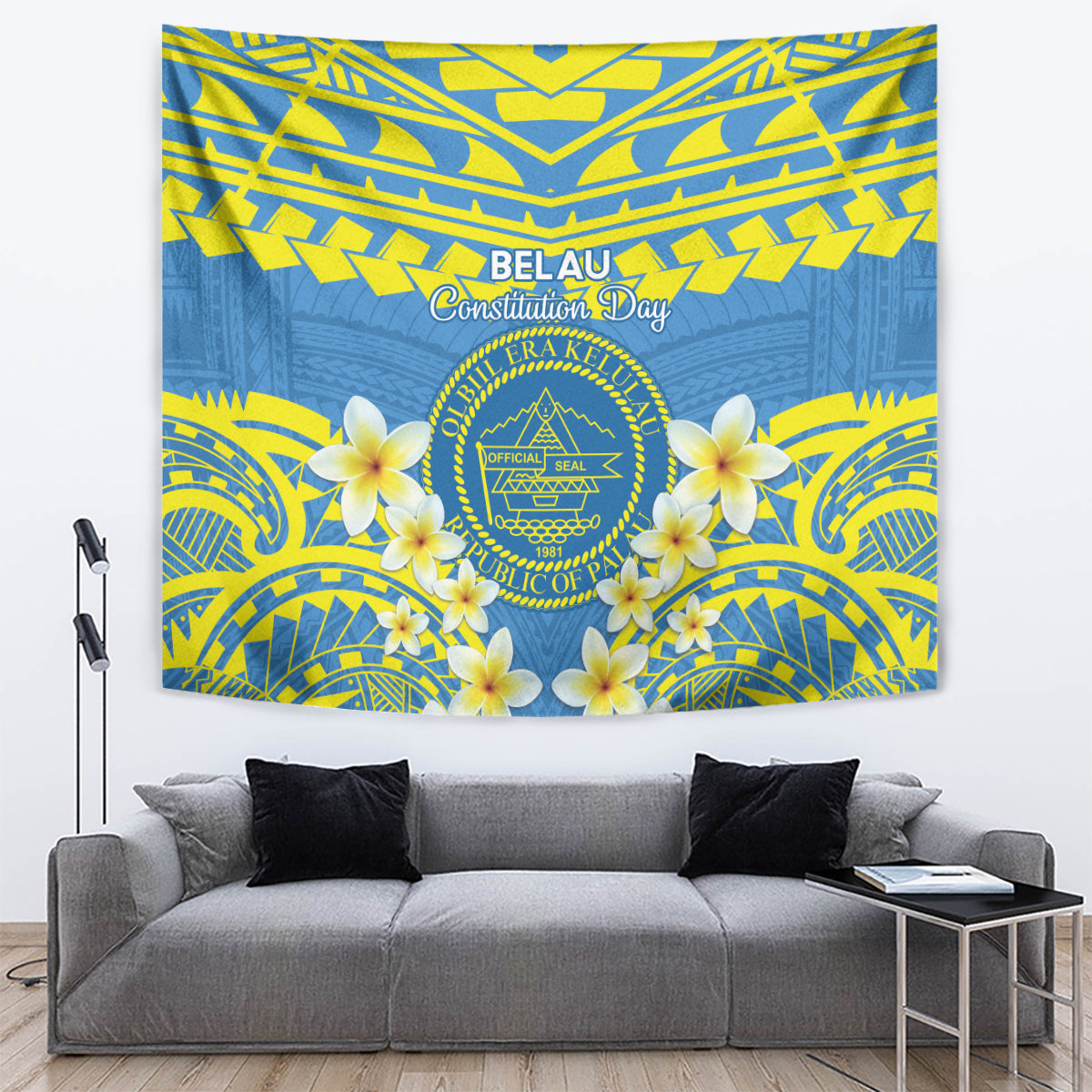 Palau Constitution Day Tapestry Belau Seal With Frangipani Polynesian Pattern - Blue