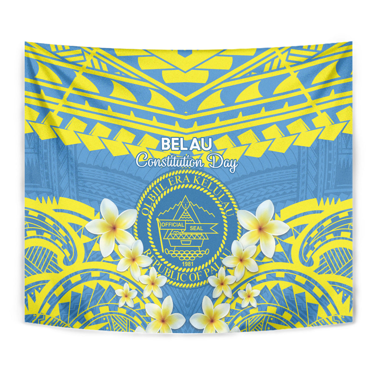 Palau Constitution Day Tapestry Belau Seal With Frangipani Polynesian Pattern - Blue