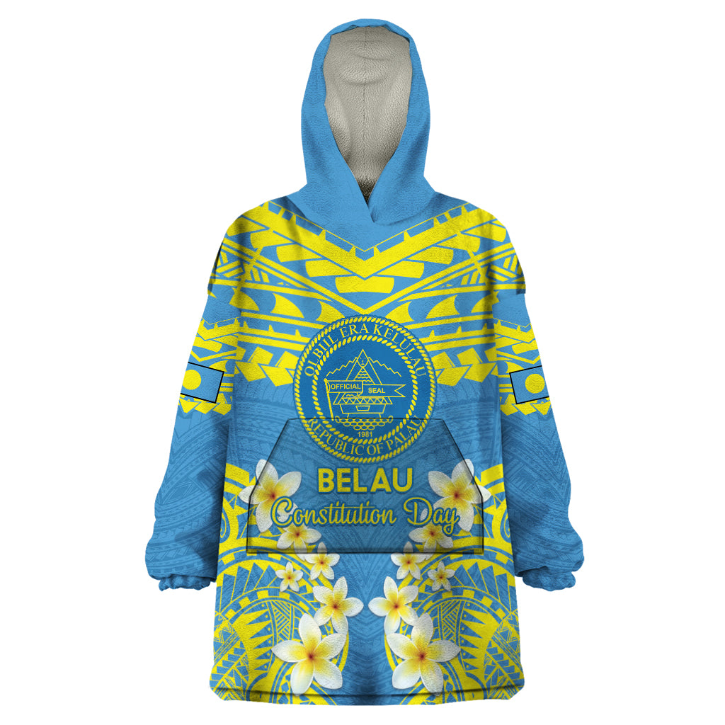 Palau Constitution Day Wearable Blanket Hoodie Belau Seal With Frangipani Polynesian Pattern - Blue