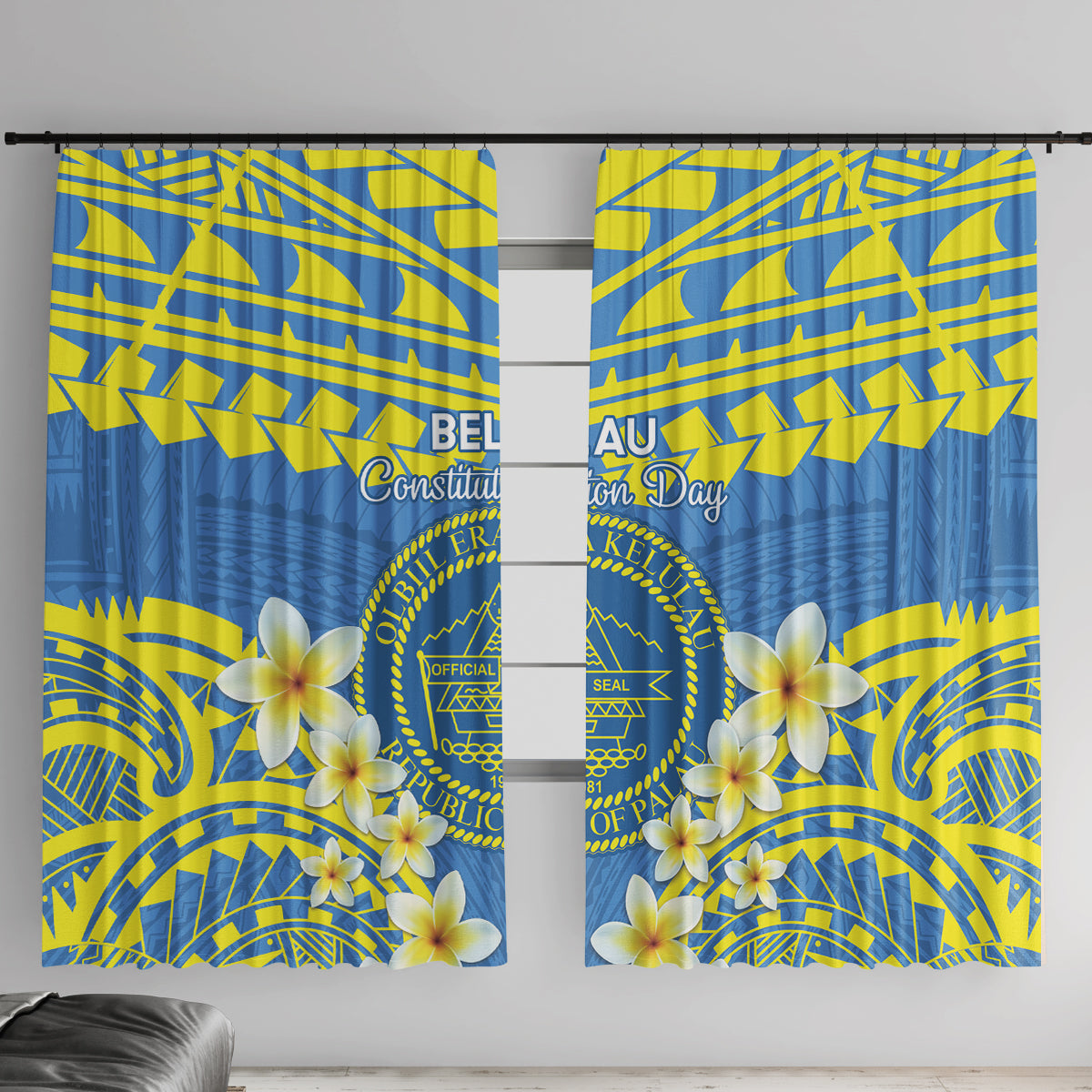 Palau Constitution Day Window Curtain Belau Seal With Frangipani Polynesian Pattern - Blue