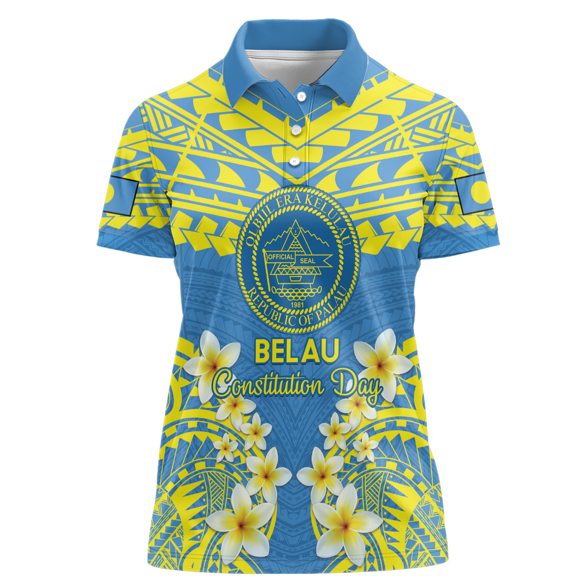 Palau Constitution Day Women Polo Shirt Belau Seal With Frangipani Polynesian Pattern - Blue