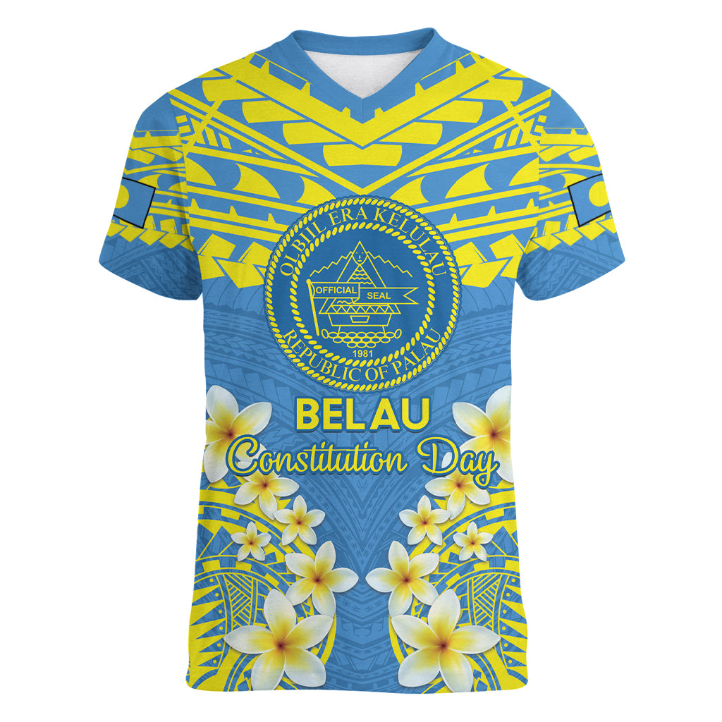 Palau Constitution Day Women V-Neck T-Shirt Belau Seal With Frangipani Polynesian Pattern - Blue
