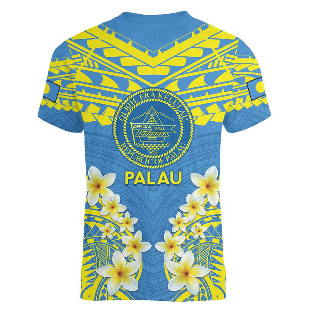 Palau Constitution Day Women V-Neck T-Shirt Belau Seal With Frangipani Polynesian Pattern - Blue
