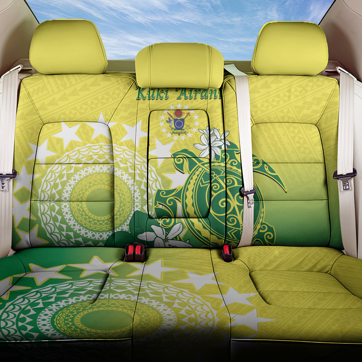 Cook Islands Independence Day Back Car Seat Cover Kuki Airani Tiare Maori Polynesian Pattern - Green