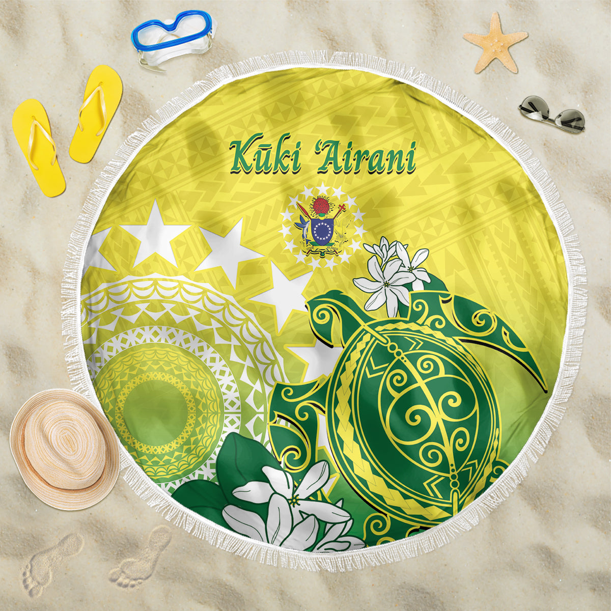 Cook Islands Independence Day Beach Blanket Kuki Airani Tiare Maori Polynesian Pattern - Green