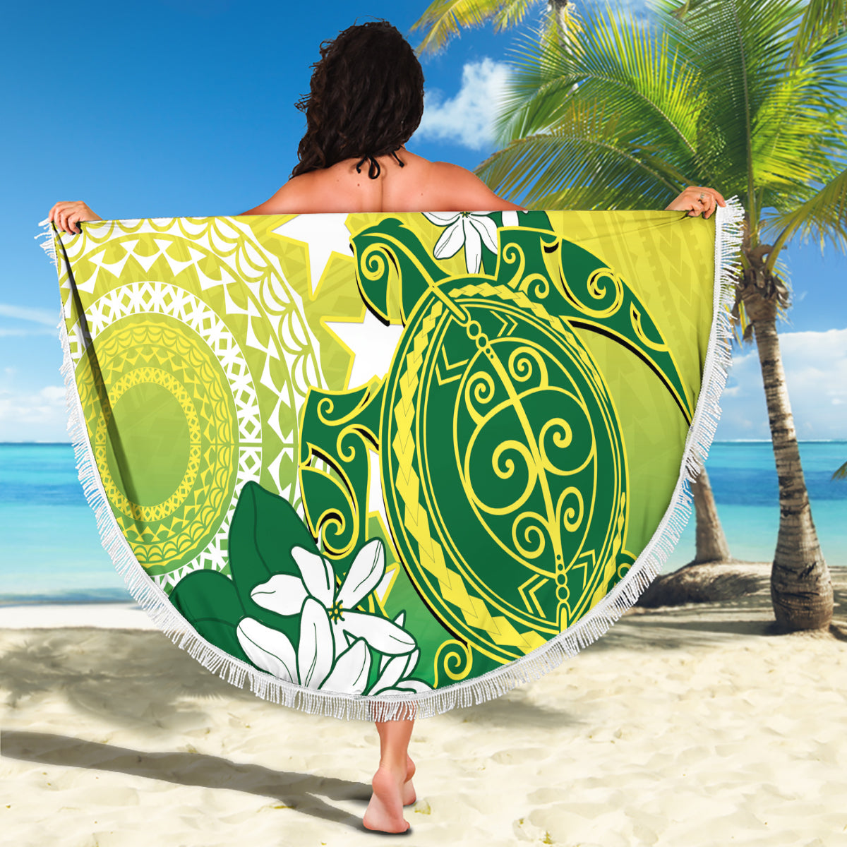 Cook Islands Independence Day Beach Blanket Kuki Airani Tiare Maori Polynesian Pattern - Green LT14 - Polynesian Pride