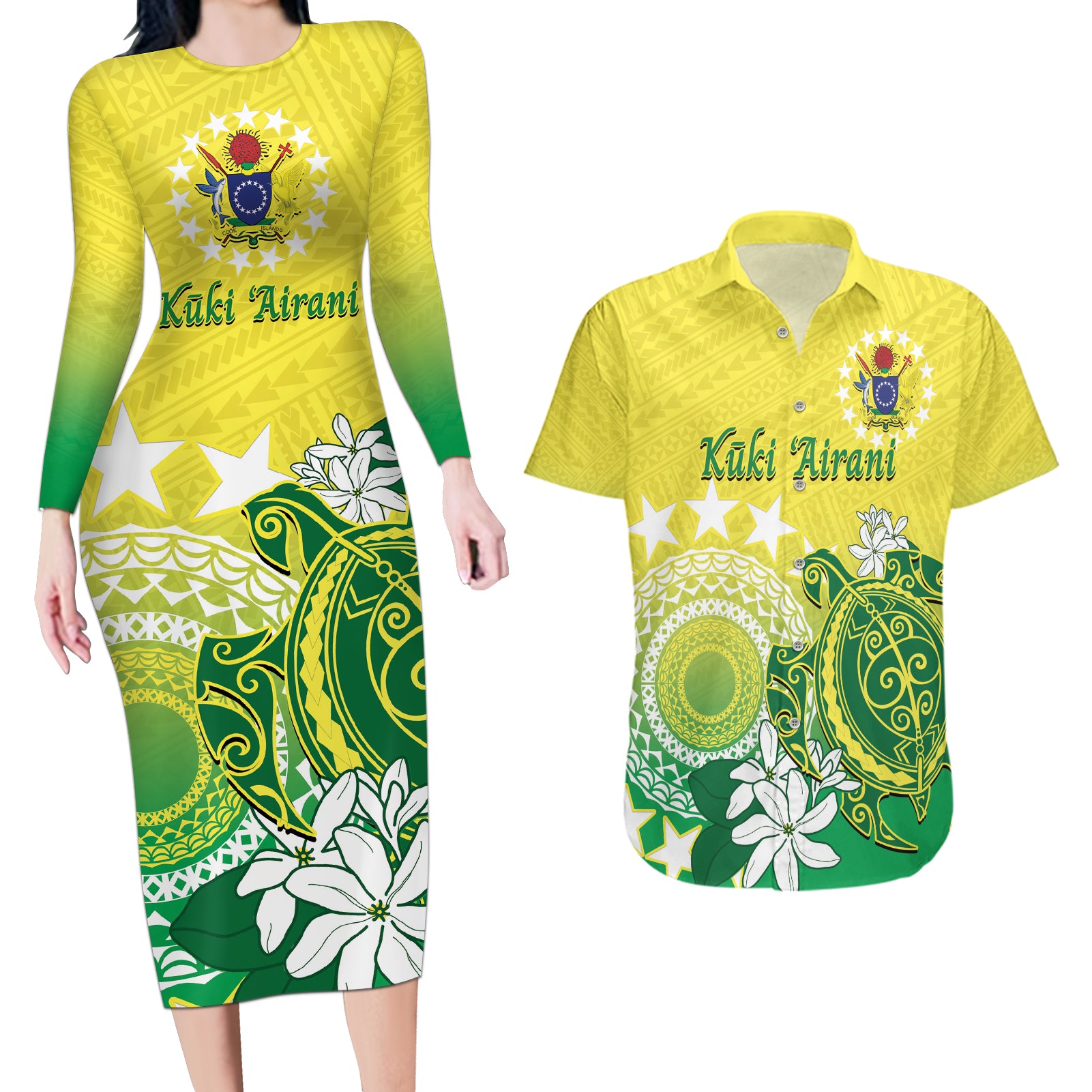 Cook Islands Independence Day Couples Matching Long Sleeve Bodycon Dress and Hawaiian Shirt Kuki Airani Tiare Maori Polynesian Pattern - Green