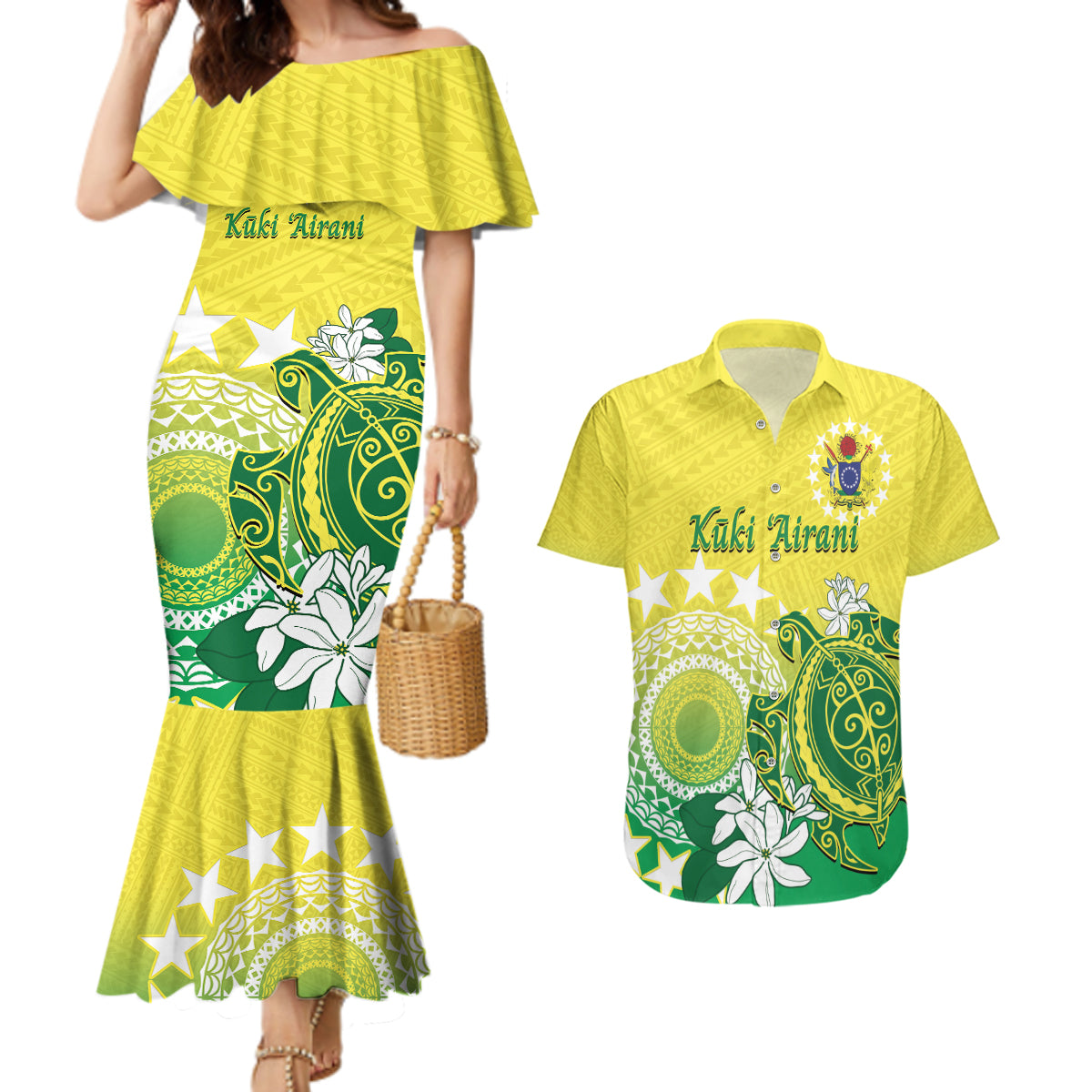 Cook Islands Independence Day Couples Matching Mermaid Dress and Hawaiian Shirt Kuki Airani Tiare Maori Polynesian Pattern - Green