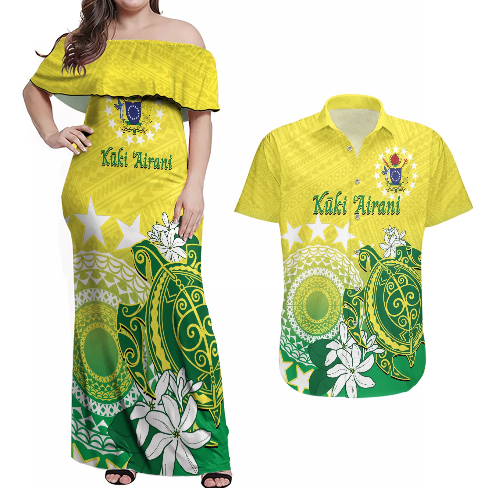 Cook Islands Independence Day Couples Matching Off Shoulder Maxi Dress and Hawaiian Shirt Kuki Airani Tiare Maori Polynesian Pattern - Green