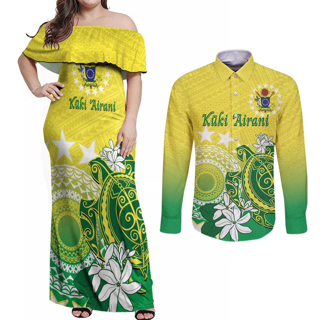 Cook Islands Independence Day Couples Matching Off Shoulder Maxi Dress and Long Sleeve Button Shirt Kuki Airani Tiare Maori Polynesian Pattern - Green LT14 Green - Polynesian Pride