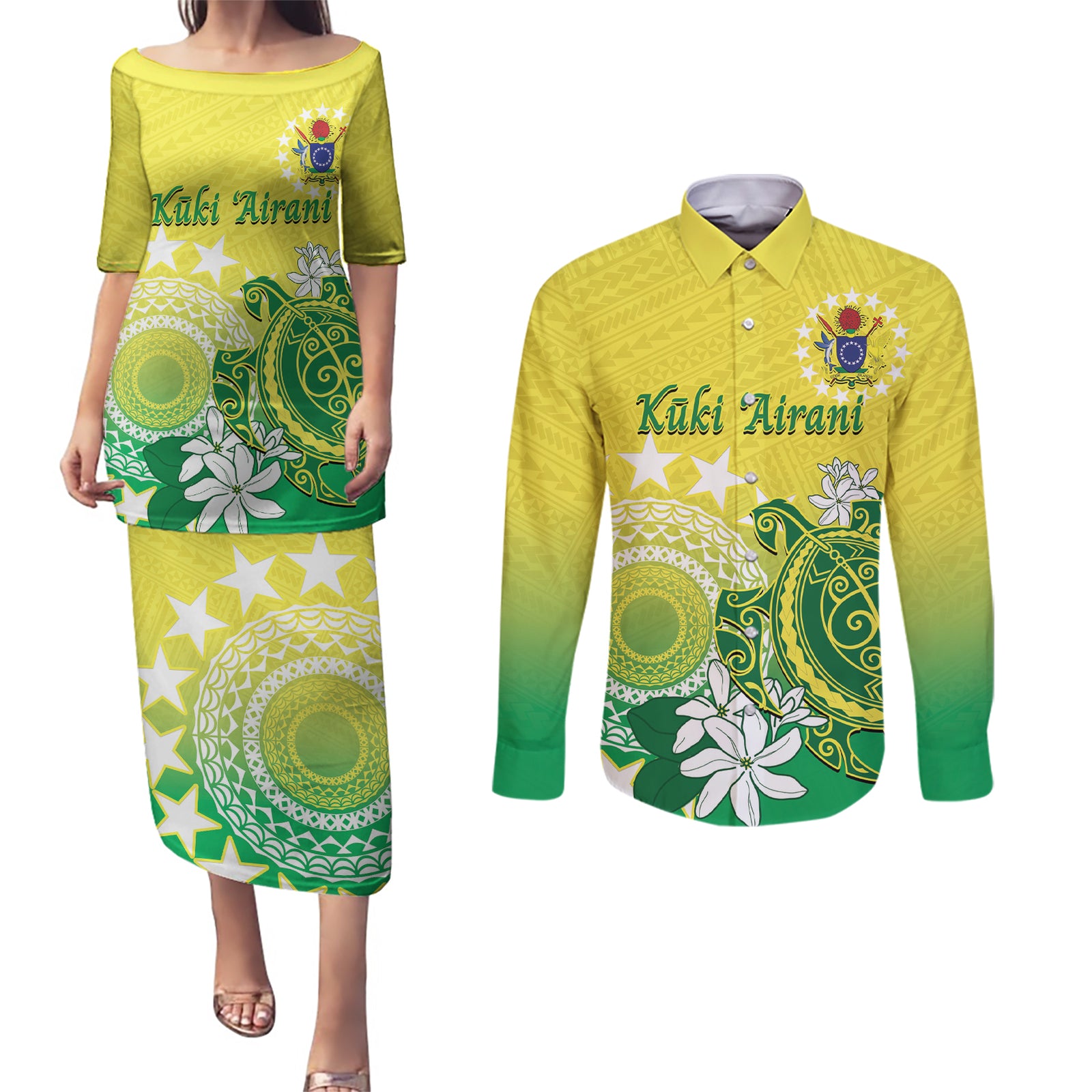 Cook Islands Independence Day Couples Matching Puletasi and Long Sleeve Button Shirt Kuki Airani Tiare Maori Polynesian Pattern - Green LT14 Green - Polynesian Pride