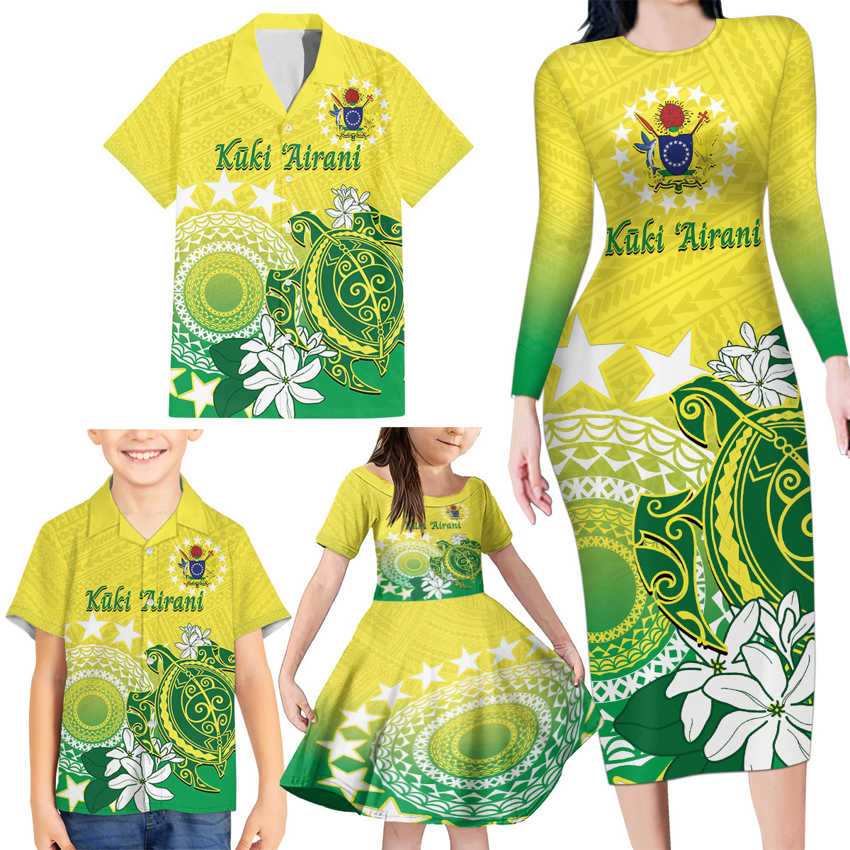 Cook Islands Independence Day Family Matching Long Sleeve Bodycon Dress and Hawaiian Shirt Kuki Airani Tiare Maori Polynesian Pattern - Green