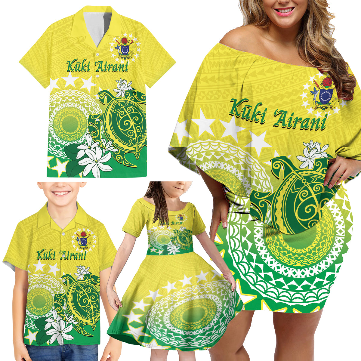 Cook Islands Independence Day Family Matching Off Shoulder Short Dress and Hawaiian Shirt Kuki Airani Tiare Maori Polynesian Pattern - Green