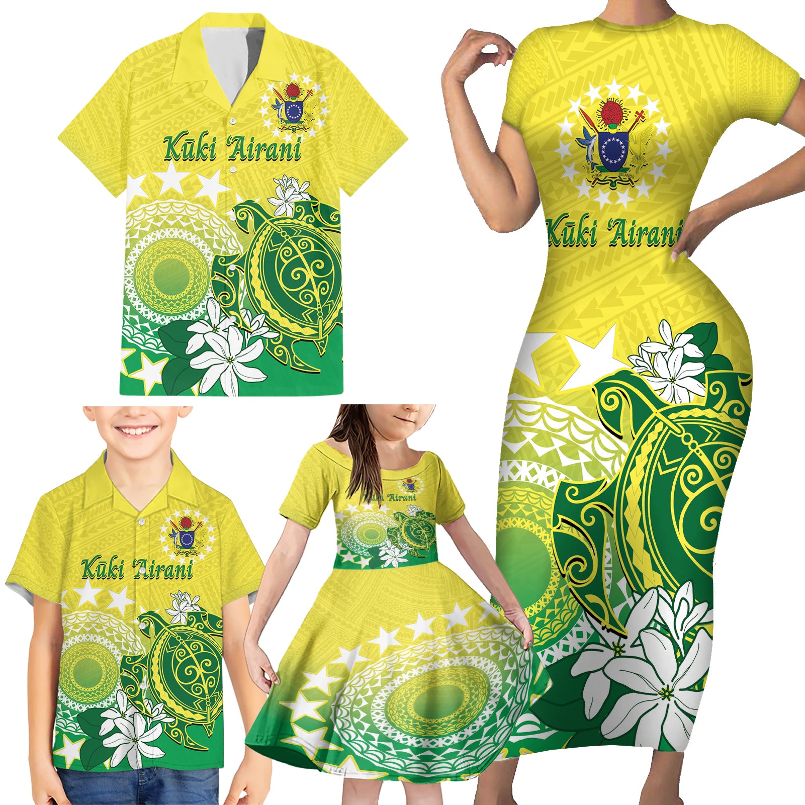 Cook Islands Independence Day Family Matching Short Sleeve Bodycon Dress and Hawaiian Shirt Kuki Airani Tiare Maori Polynesian Pattern - Green