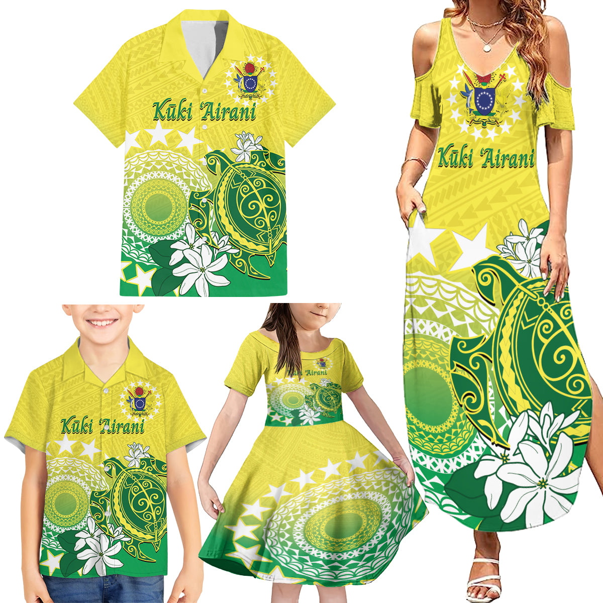 Cook Islands Independence Day Family Matching Summer Maxi Dress and Hawaiian Shirt Kuki Airani Tiare Maori Polynesian Pattern - Green