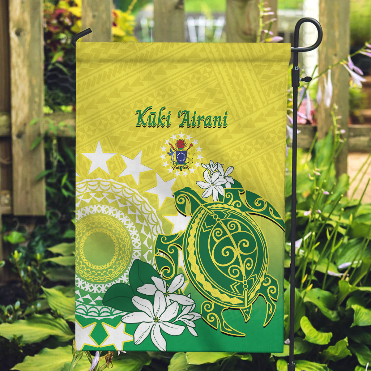 Cook Islands Independence Day Garden Flag Kuki Airani Tiare Maori Polynesian Pattern - Green LT14 Garden Flag Green - Polynesian Pride