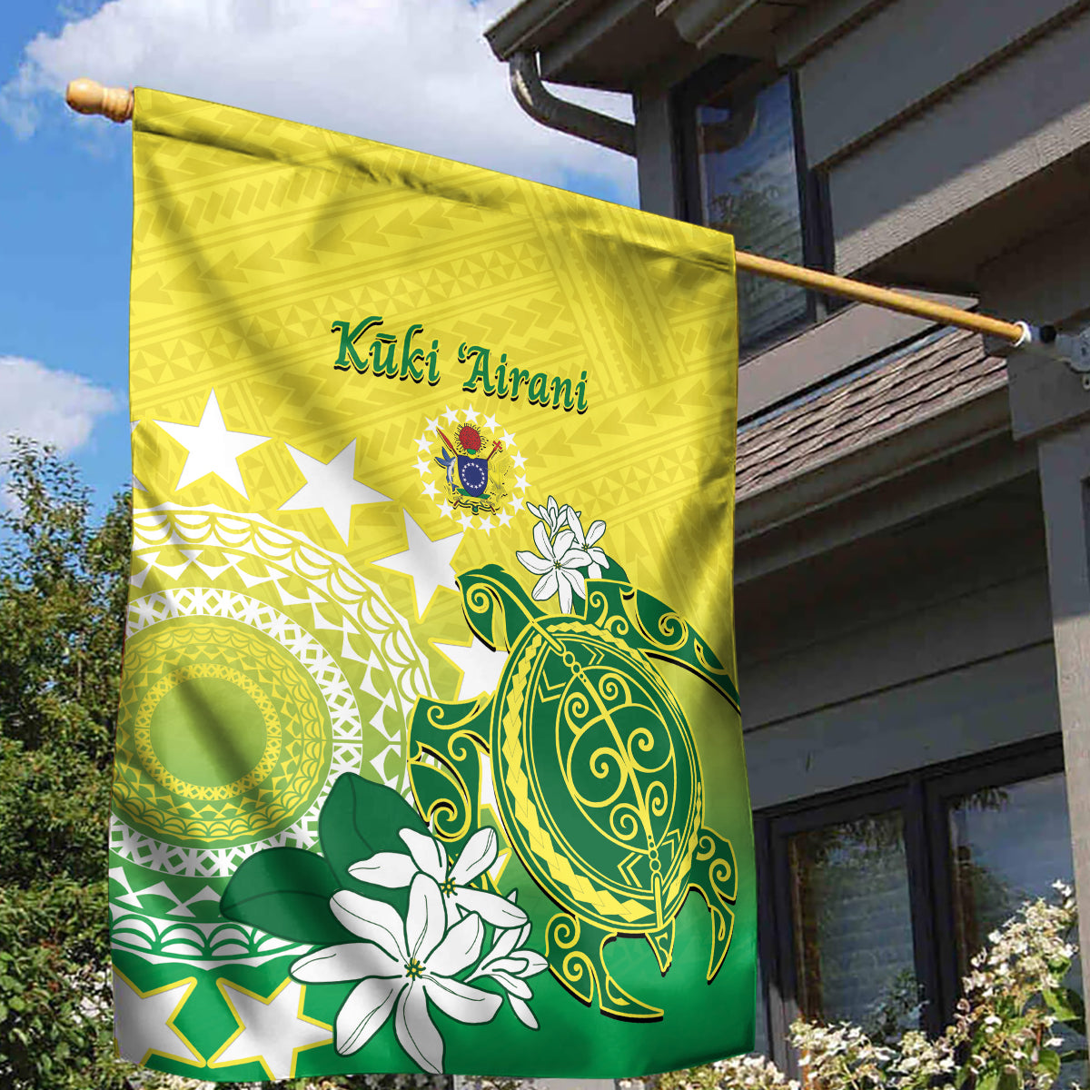 Cook Islands Independence Day Garden Flag Kuki Airani Tiare Maori Polynesian Pattern - Green LT14 - Polynesian Pride
