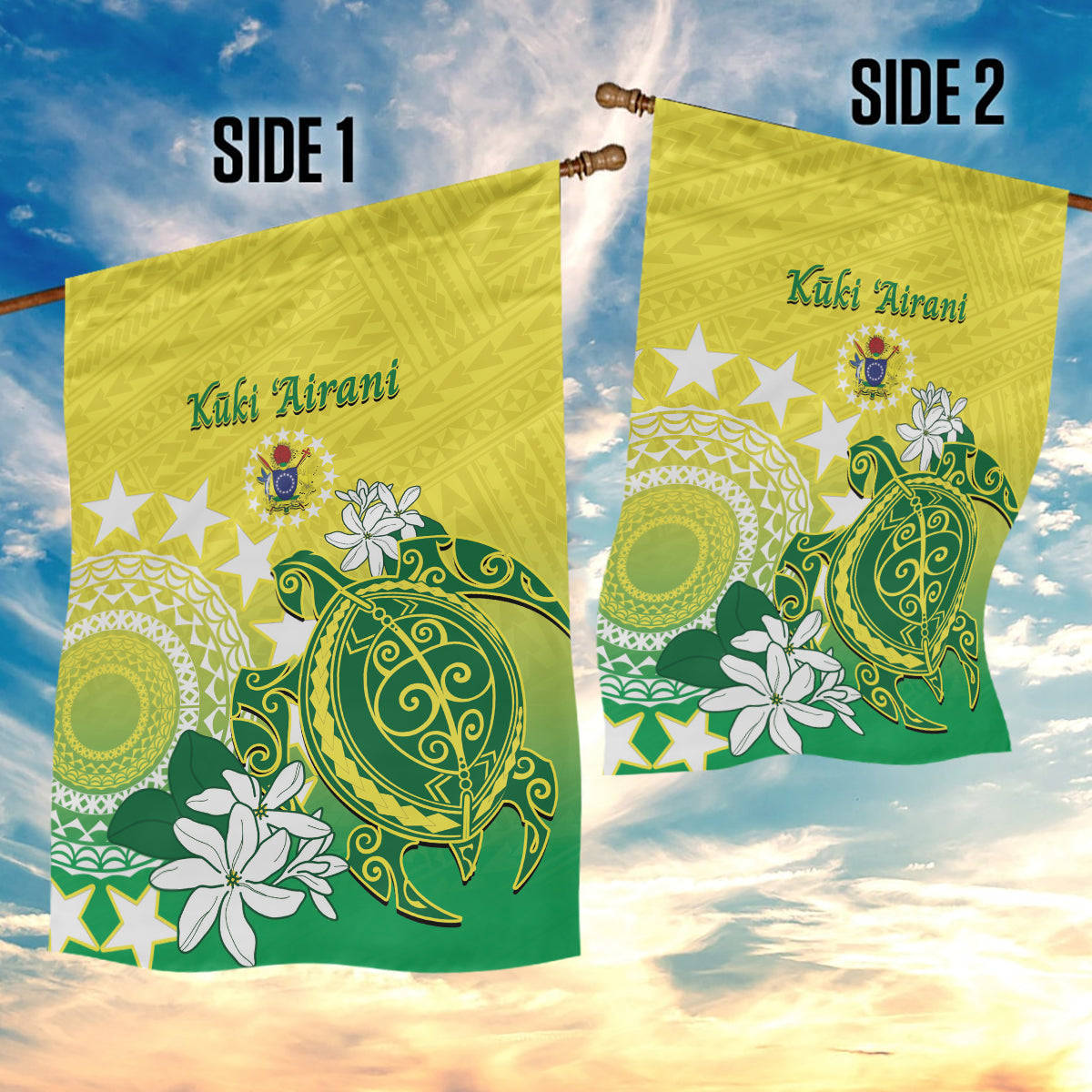 Cook Islands Independence Day Garden Flag Kuki Airani Tiare Maori Polynesian Pattern - Green LT14 - Polynesian Pride