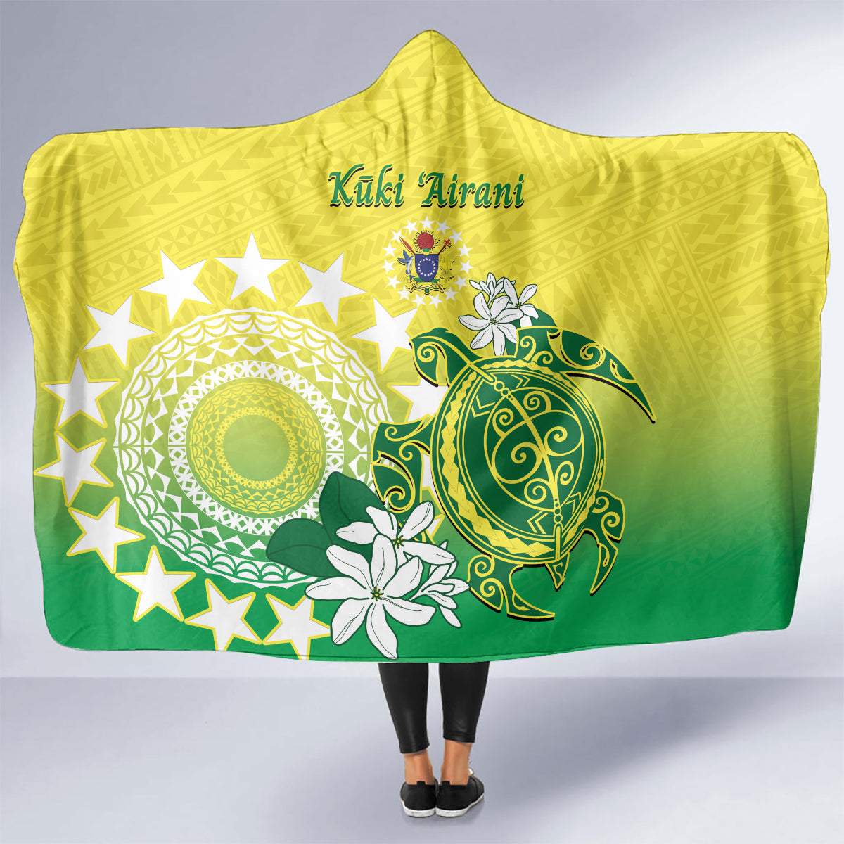 Cook Islands Independence Day Hooded Blanket Kuki Airani Tiare Maori Polynesian Pattern - Green LT14 - Polynesian Pride