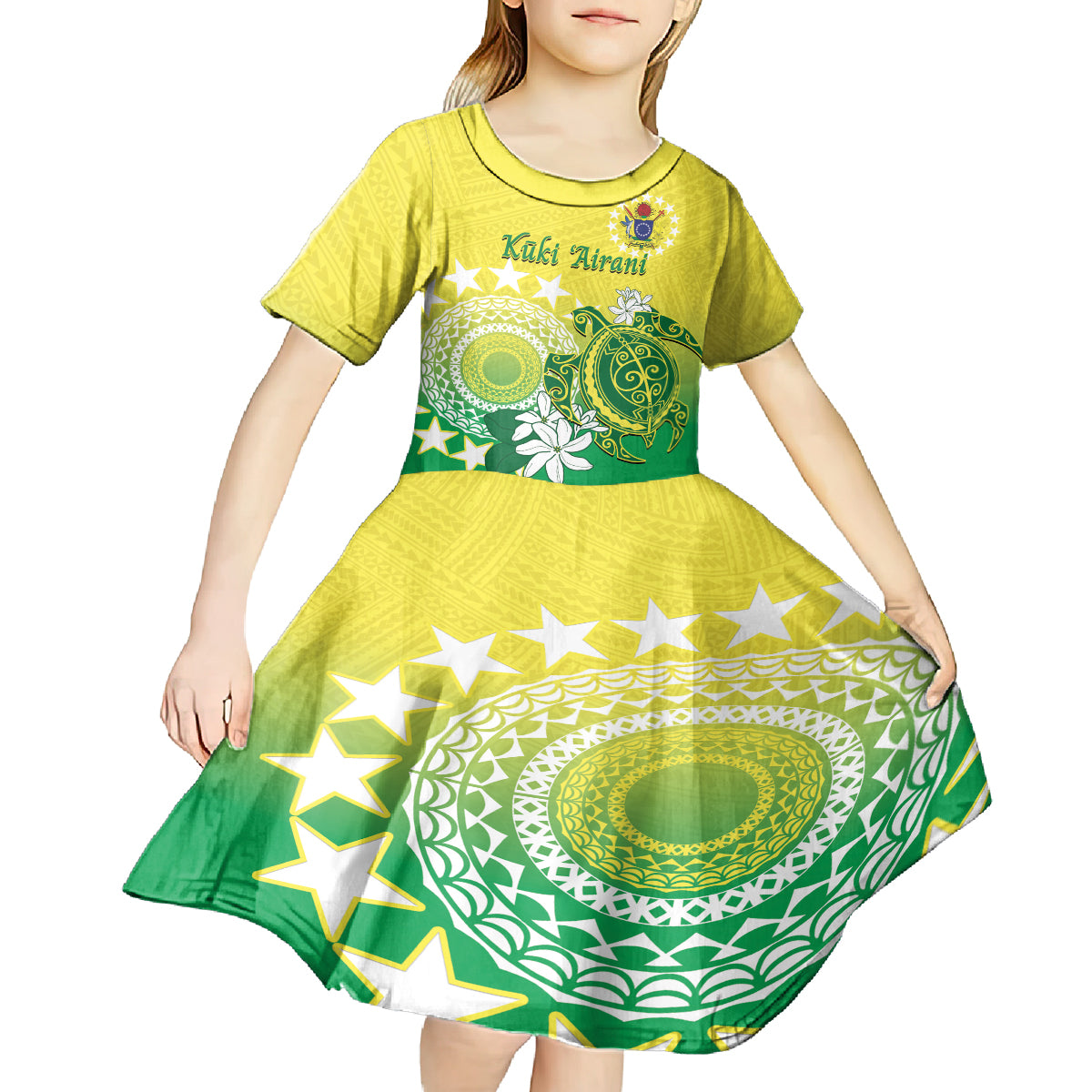 Cook Islands Independence Day Kid Short Sleeve Dress Kuki Airani Tiare Maori Polynesian Pattern - Green