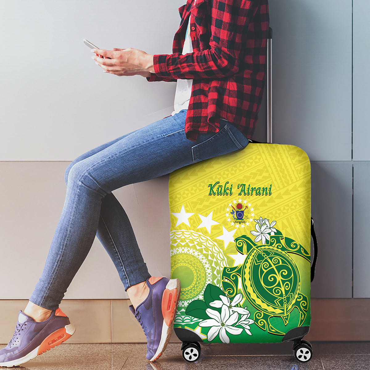 Cook Islands Independence Day Luggage Cover Kuki Airani Tiare Maori Polynesian Pattern - Green
