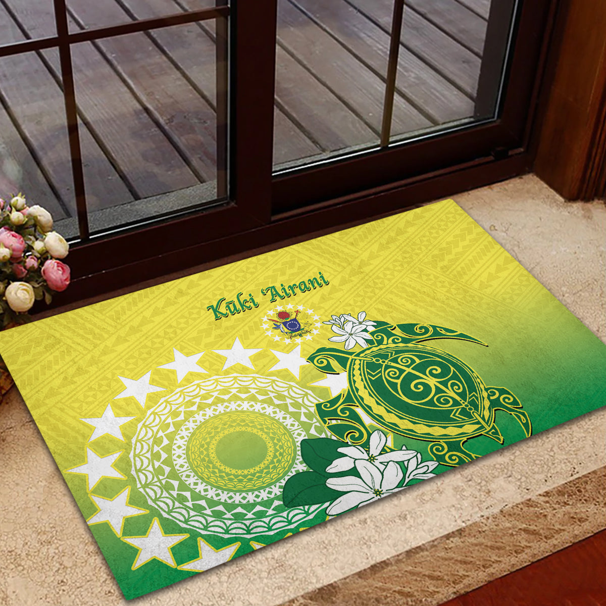 Cook Islands Independence Day Rubber Doormat Kuki Airani Tiare Maori Polynesian Pattern - Green LT14 - Polynesian Pride