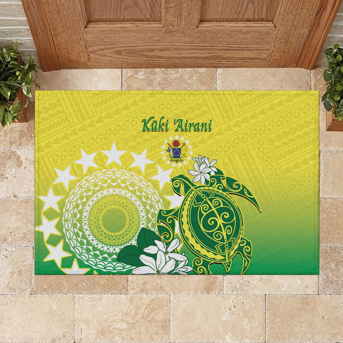 Cook Islands Independence Day Rubber Doormat Kuki Airani Tiare Maori Polynesian Pattern - Green LT14 - Polynesian Pride