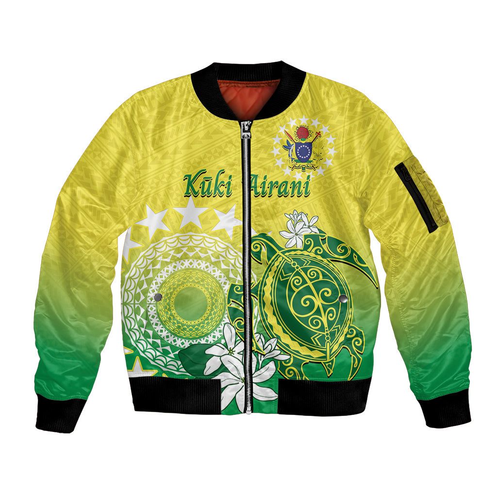 Cook Islands Independence Day Sleeve Zip Bomber Jacket Kuki Airani Tiare Maori Polynesian Pattern - Green LT14 Unisex Green - Polynesian Pride