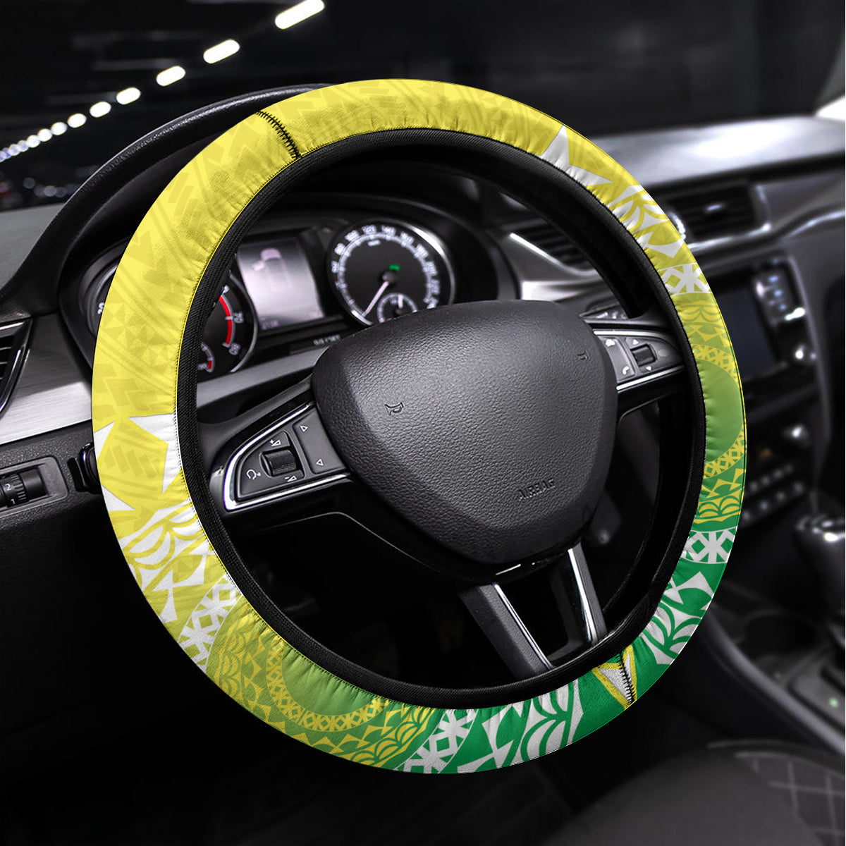Cook Islands Independence Day Steering Wheel Cover Kuki Airani Tiare Maori Polynesian Pattern - Green LT14 Universal Fit Green - Polynesian Pride