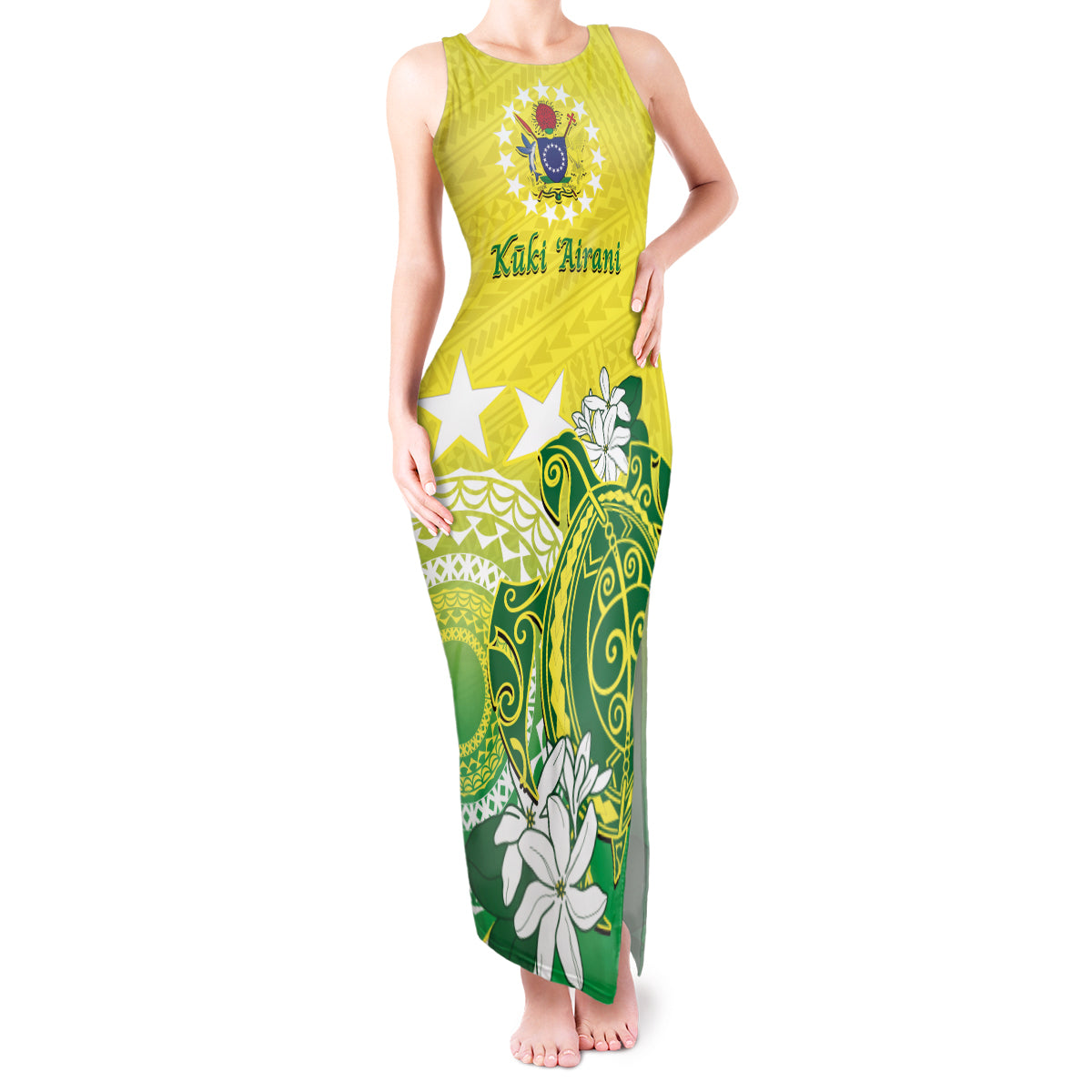 Cook Islands Independence Day Tank Maxi Dress Kuki Airani Tiare Maori Polynesian Pattern - Green