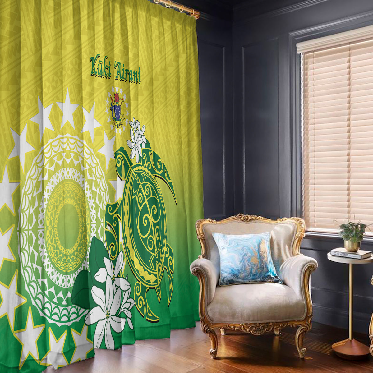 Cook Islands Independence Day Window Curtain Kuki Airani Tiare Maori Polynesian Pattern - Green LT14 - Polynesian Pride