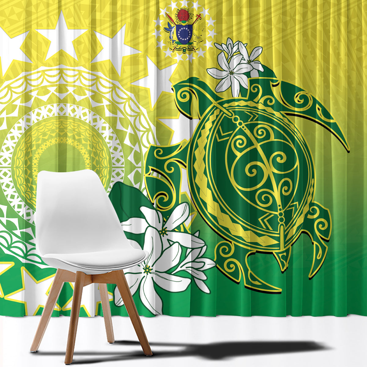 Cook Islands Independence Day Window Curtain Kuki Airani Tiare Maori Polynesian Pattern - Green LT14 - Polynesian Pride