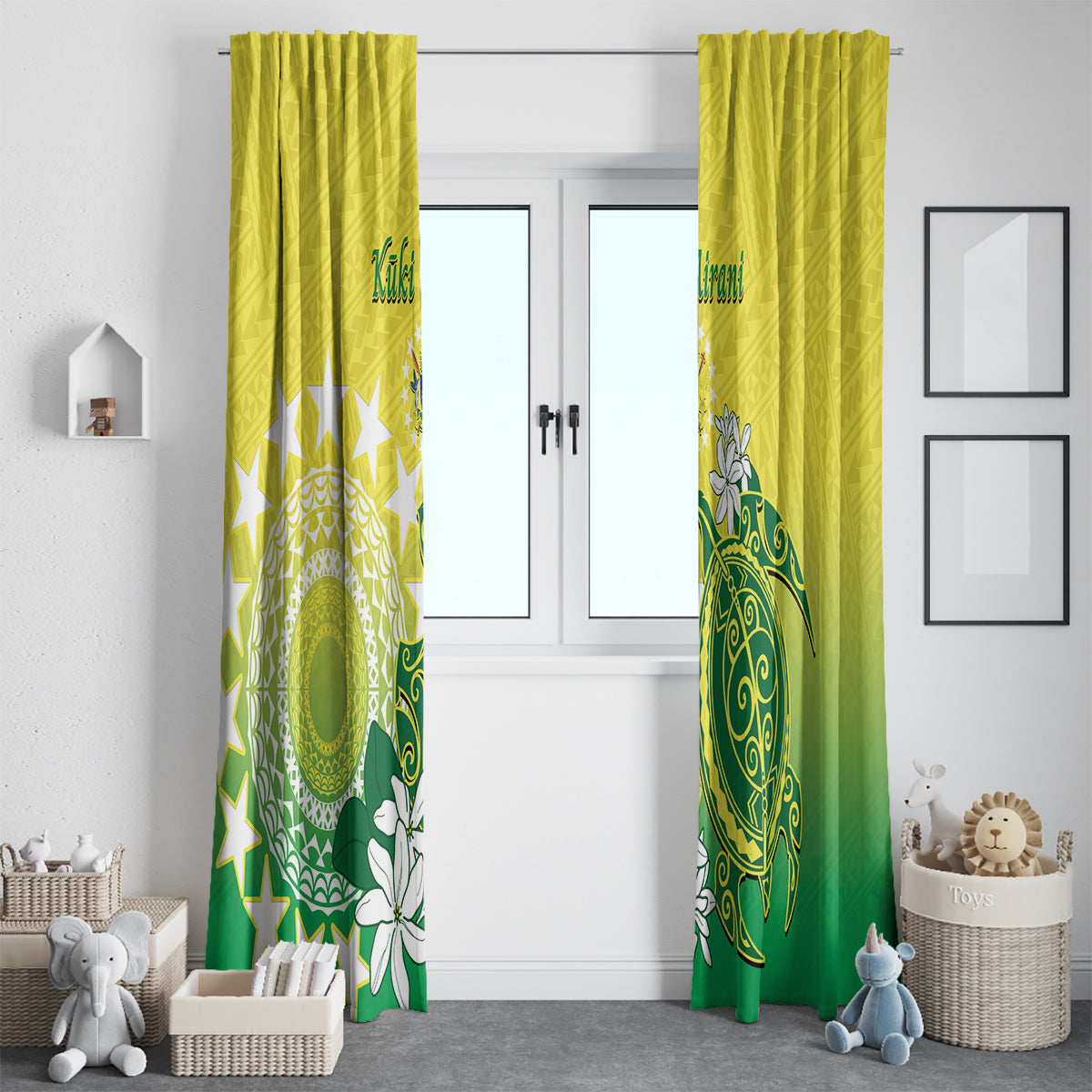 Cook Islands Independence Day Window Curtain Kuki Airani Tiare Maori Polynesian Pattern - Green LT14 - Polynesian Pride